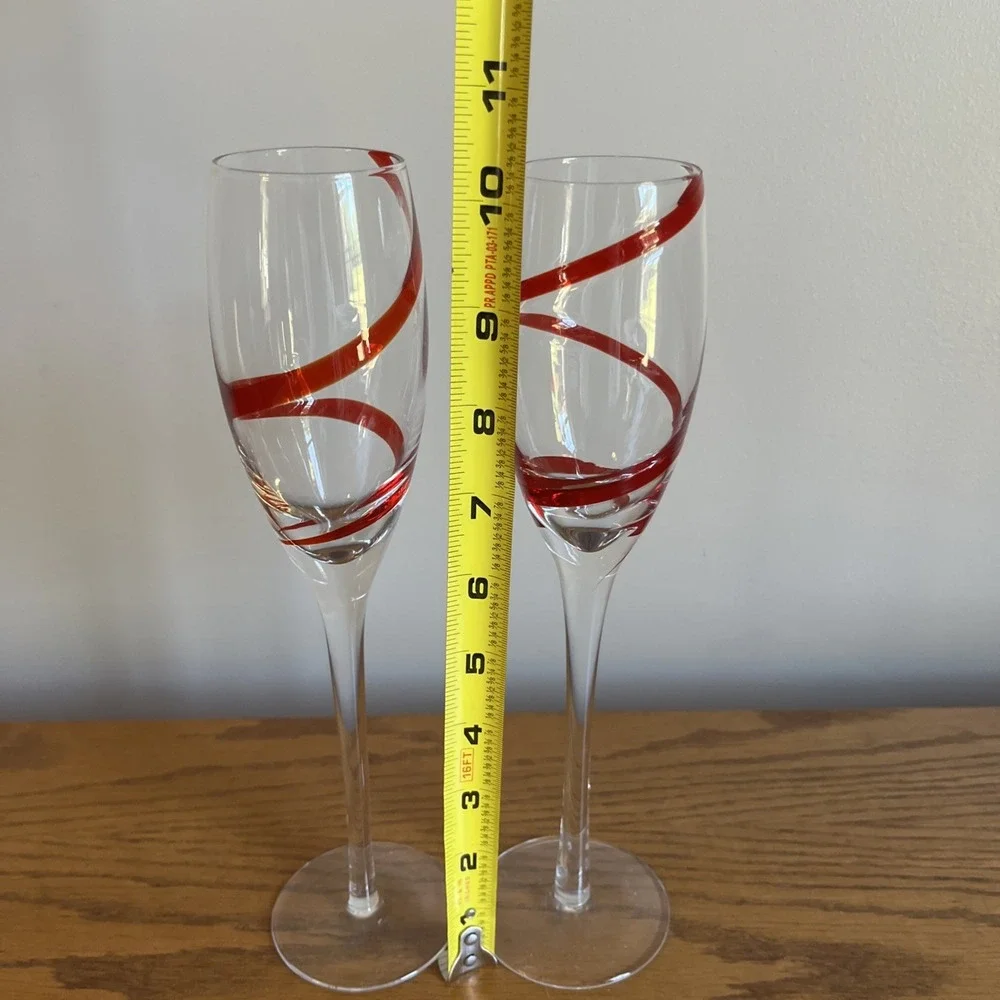 PIER 1 RED SWIRLINE CHAMPAGNE FLUTE GLASS (SET OF TWO) Long Stem 10